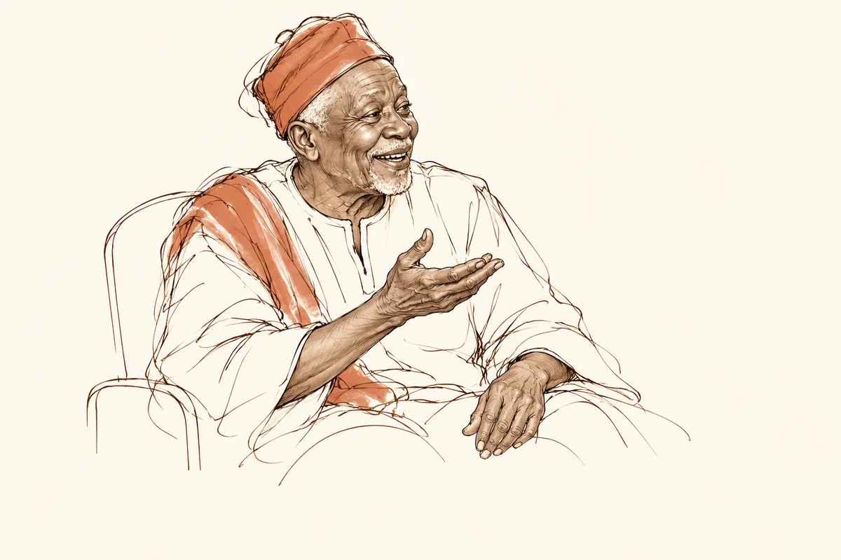 Expressive ink drawing of a grandfather laughing and gesturing as he shares a memory.