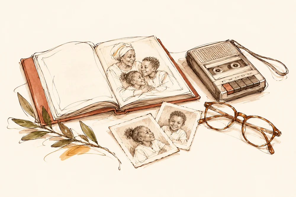 Gesture drawing of a family storybook, treasured photographs, a tape recorder and reading glasses.